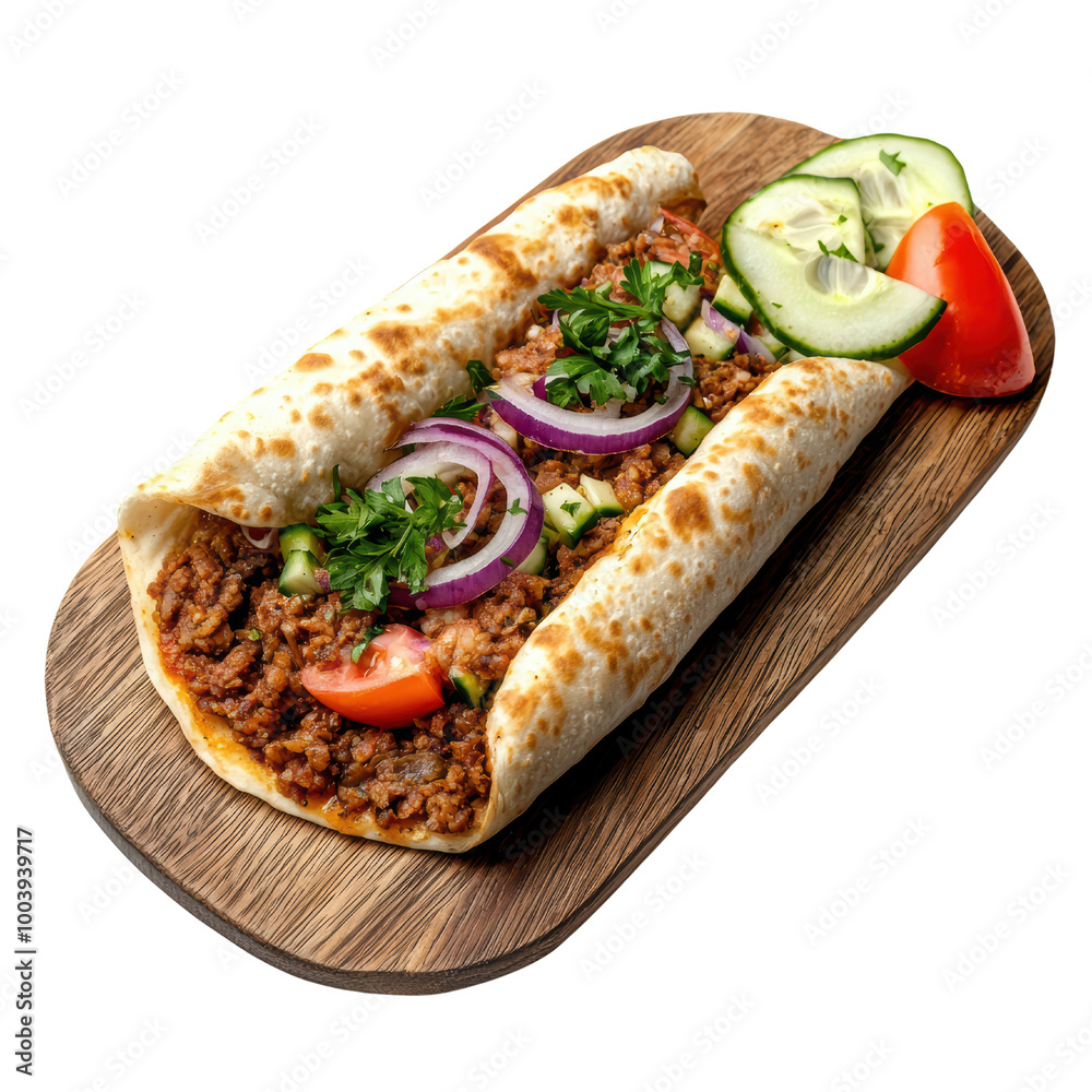 Delicious wrap with meat, vegetables, and herbs on a wooden platter, white isolate background transparent background Delicious wrap with meat, vegetables, and herbs on a wooden platter, white isolate background transparent background