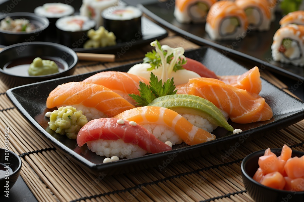 Sushi Platter with Soy Sauce and Chopsticks