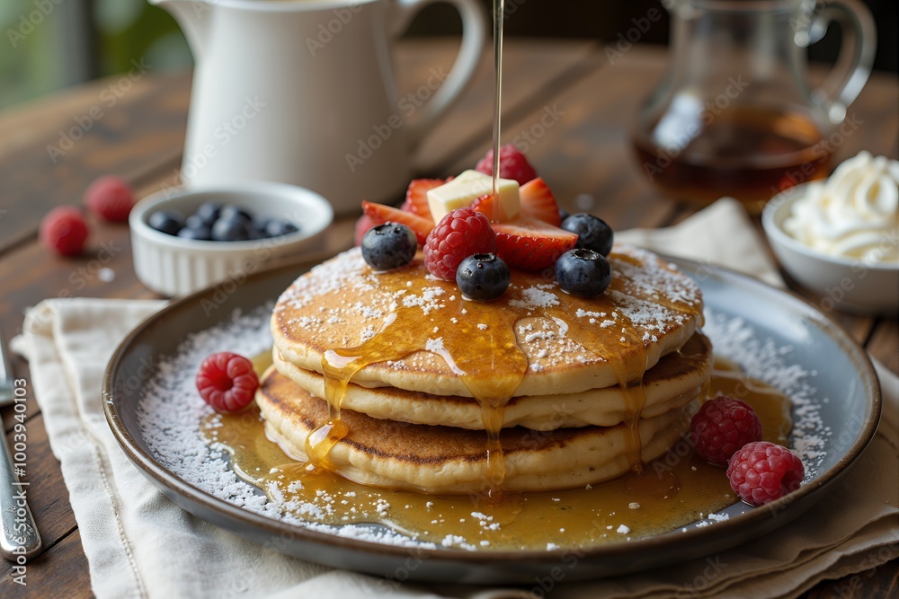 Stack of Pancakes with Maple Syrup and Berries Stack of Pancakes with Maple Syrup and Berries