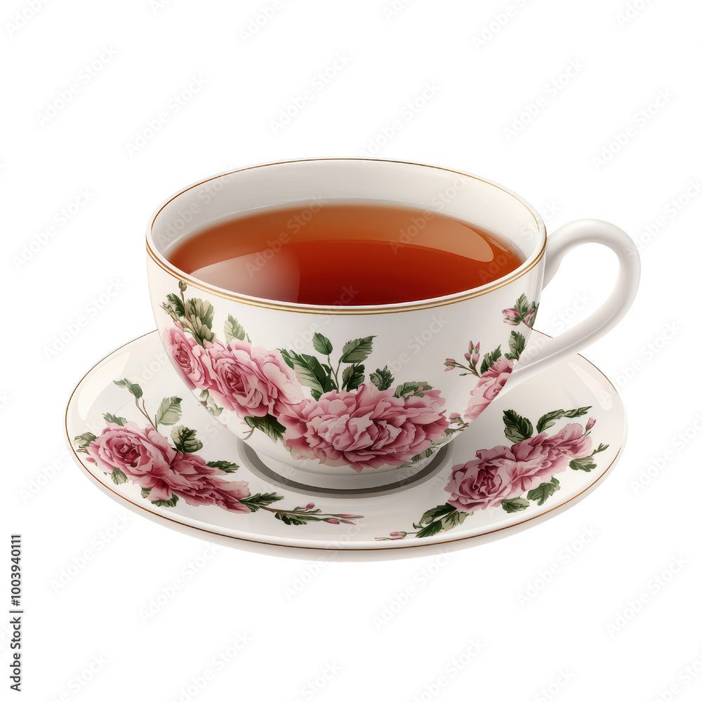Elegant tea cup with floral design and tea on saucer, white isolate background. transparent background Elegant tea cup with floral design and tea on saucer, white isolate background. transparent background