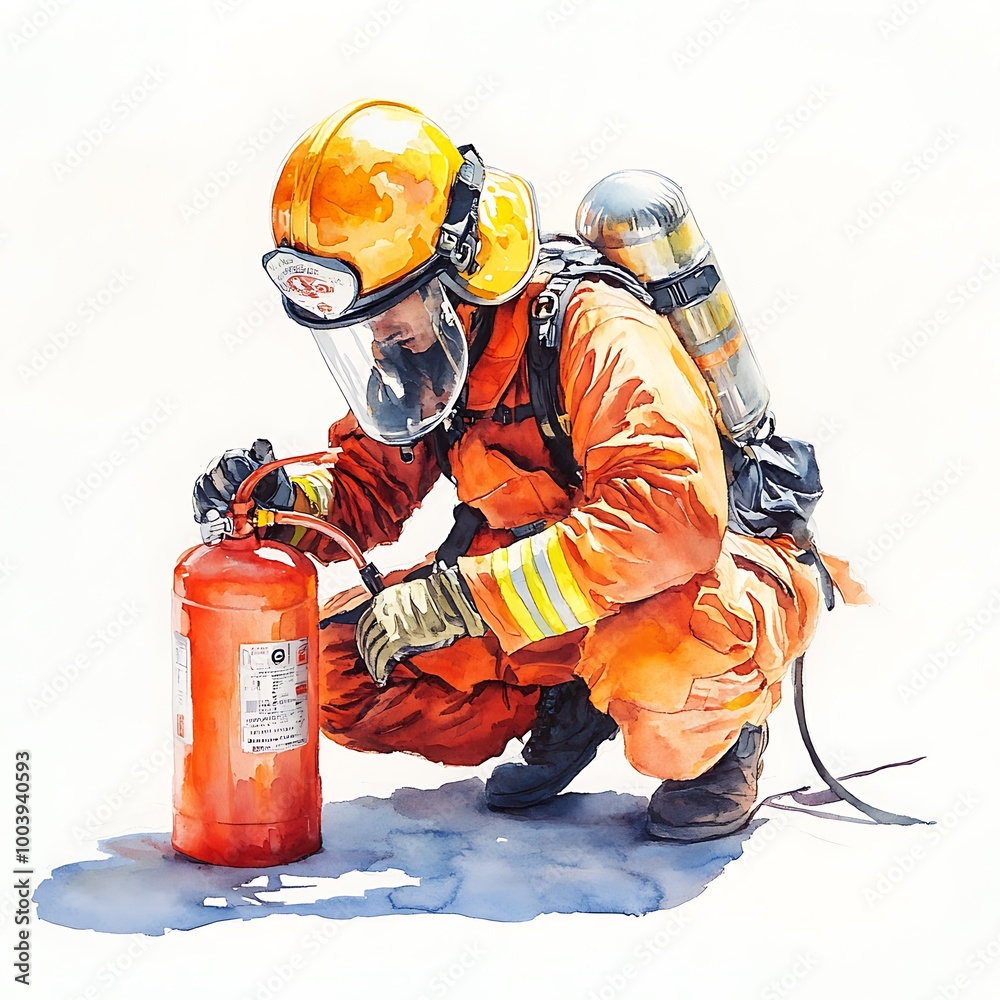 Obraz premium Watercolor Illustration of a Firefighter in Full Gear with a Fire Extinguisher.