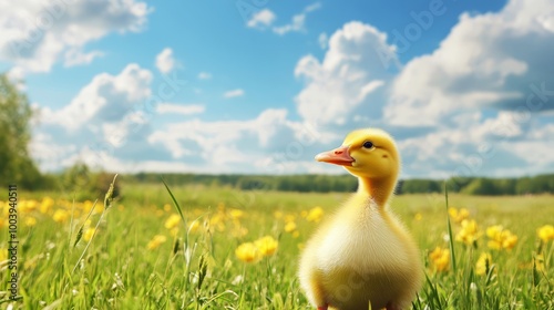 Adorable Yellow Duckling in Vibrant Spring Meadow