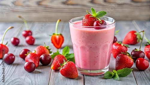 A refreshing strawberry and cherry smoothie with fresh berries scattered around the glass, perfect for a summer treat.