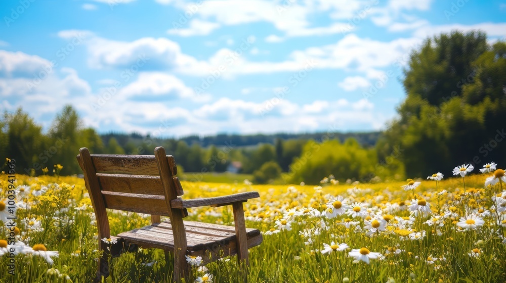 Naklejka premium Peaceful Countryside Landscape with Bench in Blooming Meadow Under Sunny Sky