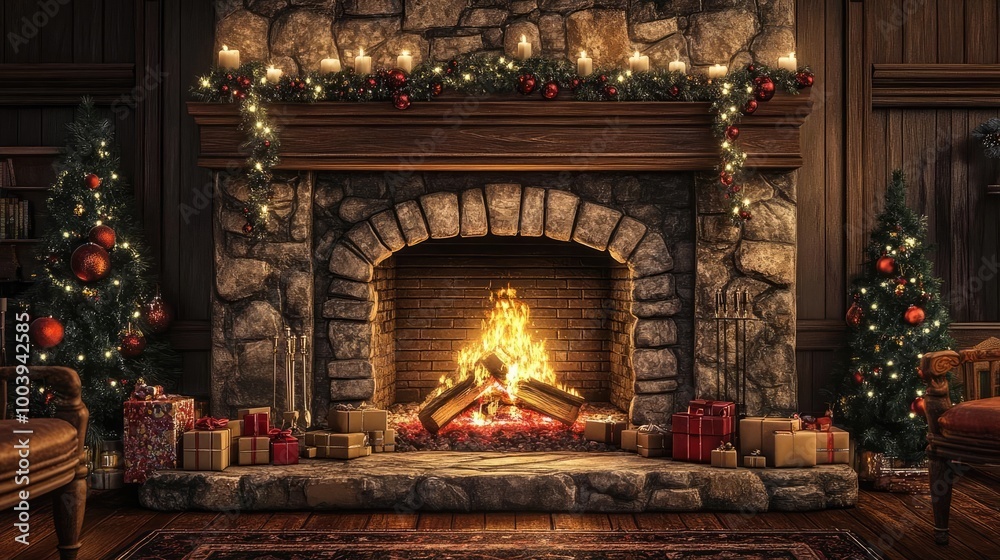 A cozy, festive fireplace adorned with Christmas decorations, shining lights, and presents, radiating warmth and holiday spirit. A cozy, festive fireplace adorned with Christmas decorations, shining lights, and presents, radiating warmth and holiday spirit.