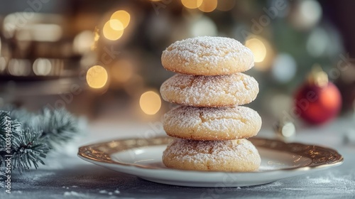 Delicious powdered sugar cookies stacked elegantly on a plate, perfect for holiday gatherings and festive occasions.