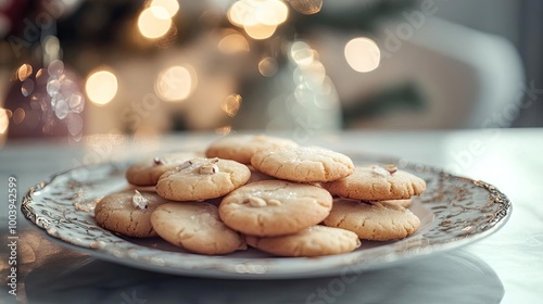 Delicious homemade cookies arranged on a decorative plate, ideal for holiday gatherings and festive celebrations.