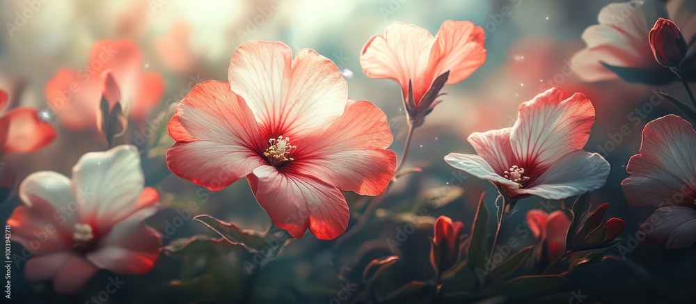 Soft pink flowers blooming in the garden with warm sunlight. Soft pink flowers blooming in the garden with warm sunlight.