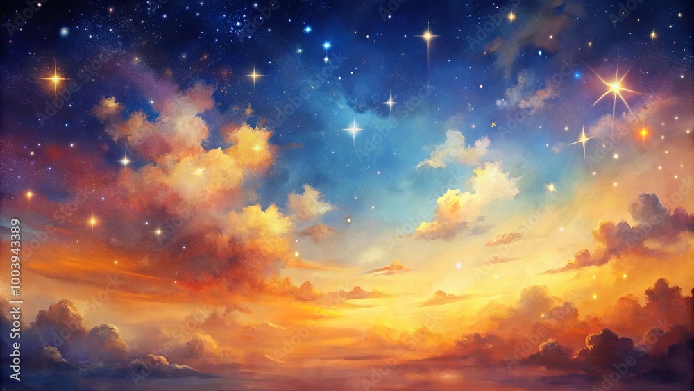 Obraz premium A celestial tapestry woven with clouds and stars, where golden hues of sunset meet the midnight blue