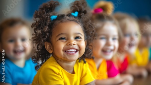 A group of young children are smiling and laughing together