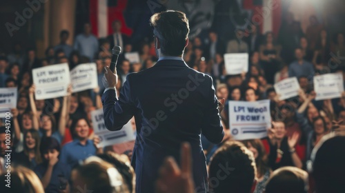 A candidate giving a speech with supporters holding campaign signs photo