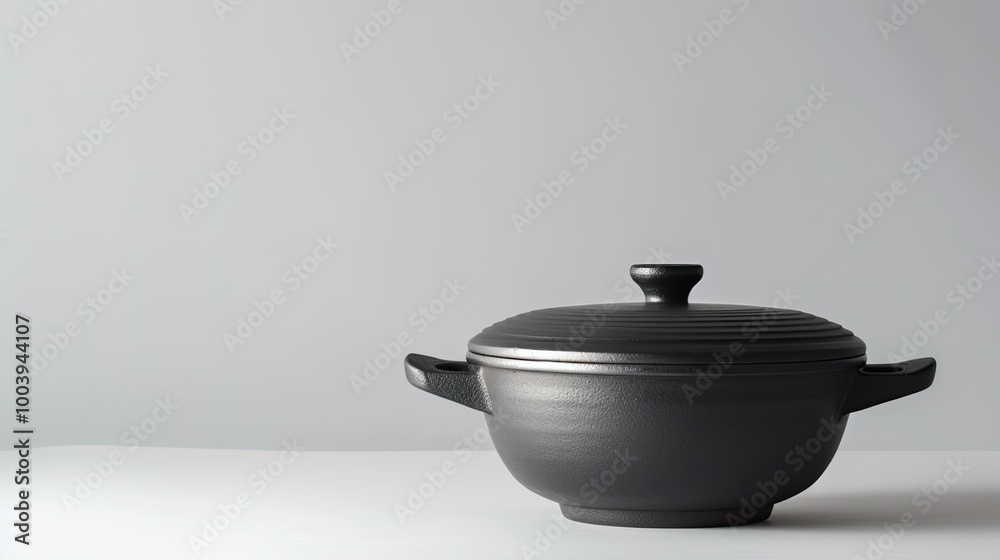 A black pot with a wooden lid sits on a white background A black pot with a wooden lid sits on a white background