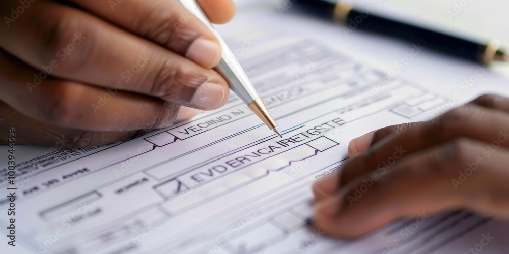 A close-up of a hand filling out a voter registration form A close-up of a hand filling out a voter registration form