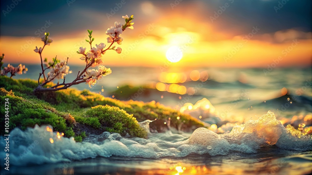 Φωτογραφία A gentle wave laps at the shore, a delicate blossom reaching towards the golden glow of a setting sun, a moment of tranquil beauty captured in time