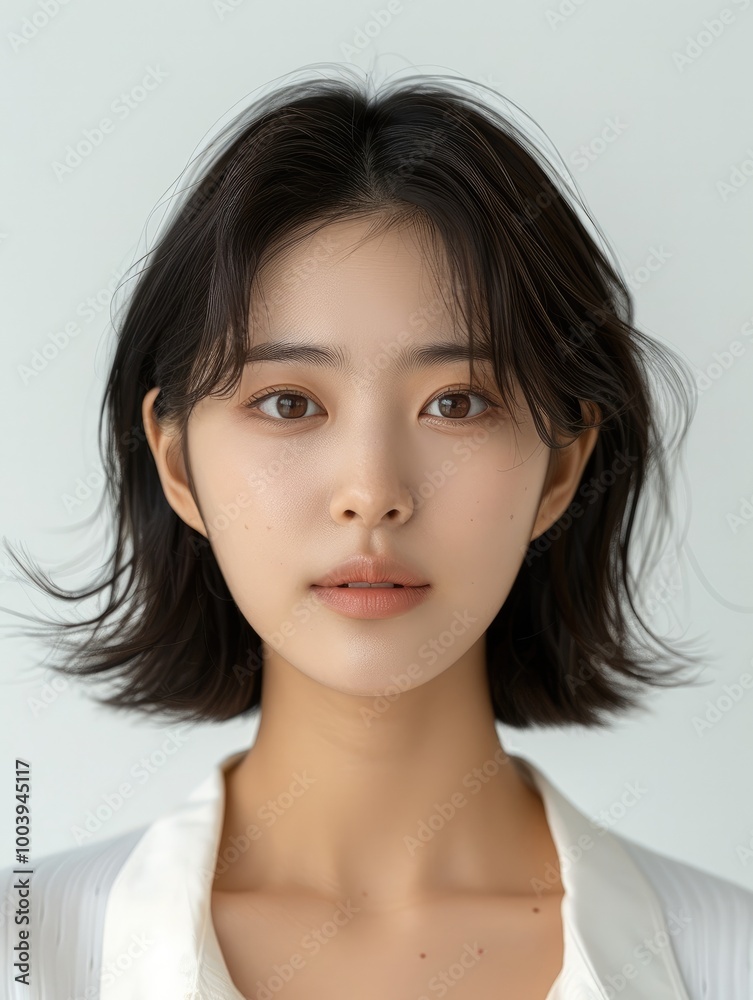 Beautiful Korean woman in her 20s with short, chin-length hair, staring straight at the camera with a neutral, expressionless face.