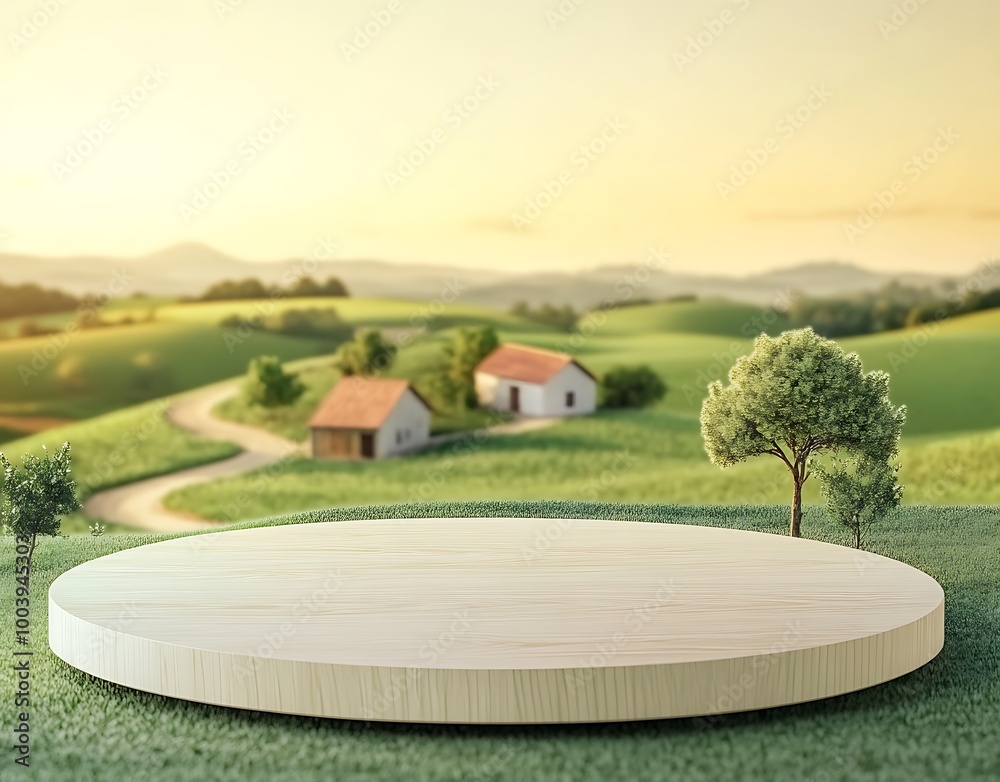 Empty podium against a green farm background for product presentation. Mockup platform with a village house and a road, Empty podium against a green farm background for product presentation. Mockup platform with a village house and a road,