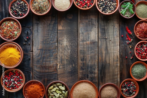 Colorful Assorted Spices in Bowls on Rustic Wooden Background: Culinary Photography for Gourmet Cooking and Kitchen Decor