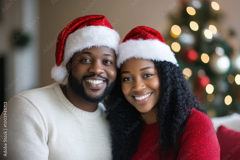 Happy couple wearing Santa hats celebrating Christmas together