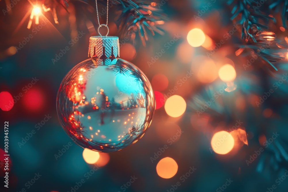 Shiny Christmas ornament hanging on a festive tree with lights Shiny Christmas ornament hanging on a festive tree with lights