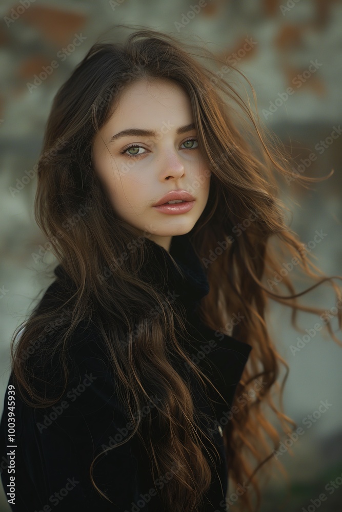Portrait of a woman with long wavy hair slightly windblown standing outdoors in natural light exuding a calm and reflective mood. Portrait of a woman with long wavy hair slightly windblown standing outdoors in natural light exuding a calm and reflective mood.