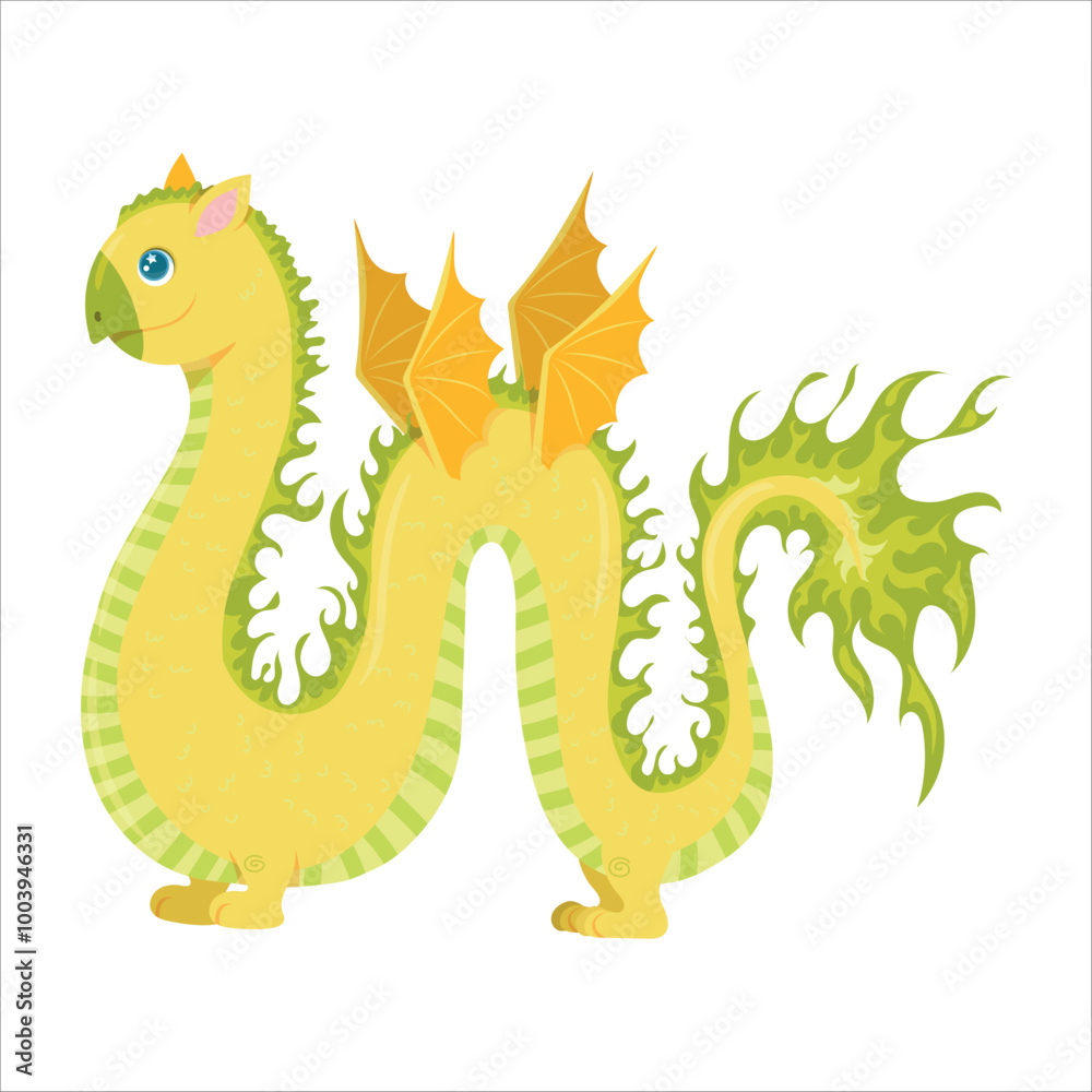 Fototapeta premium Yellow dragon with wings. Cute fairy tale animal. fantasy Character of children's books. Dinosaur. Vector illustration on a white background.