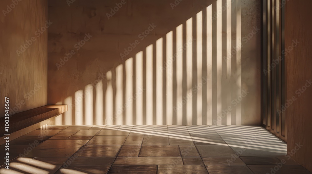 Fototapeta premium The image shows a minimalist, warm-toned interior space with strong shadows creating geometric patterns
