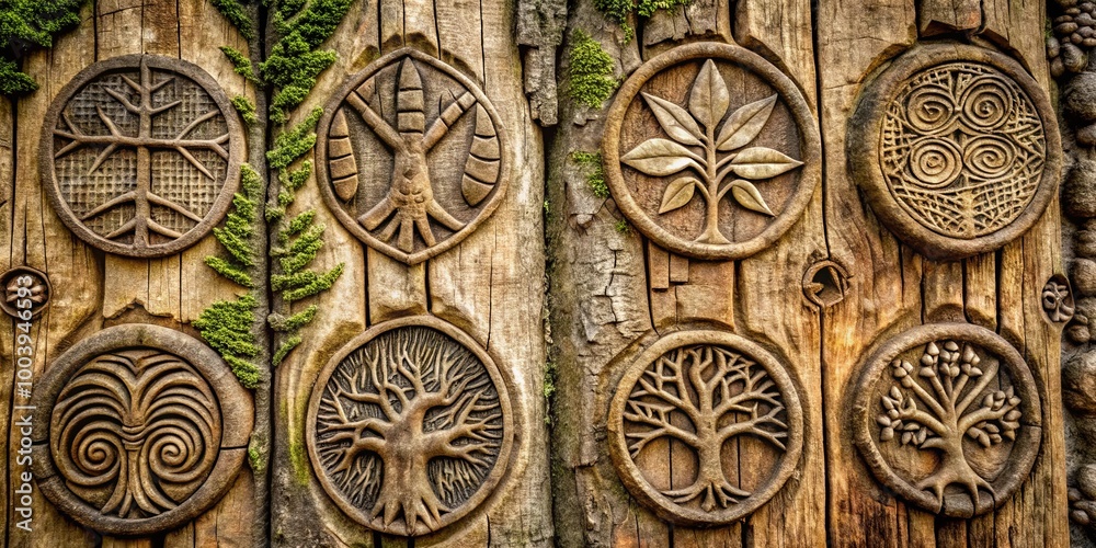 Carved Tree of Life Symbols on Rustic Wooden Surface Carved Tree of Life Symbols on Rustic Wooden Surface