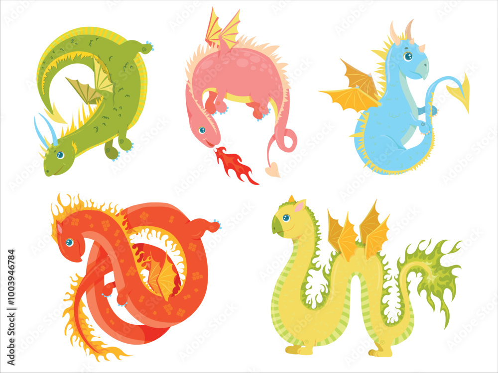 Colored dragons. Set with dragons in cartoon style. Cute fairy tale animal. fantasy Character of children's books. Dinosaur. Vector illustration on a white background. Colored dragons. Set with dragons in cartoon style. Cute fairy tale animal. fantasy Character of children's books. Dinosaur. Vector illustration on a white background.