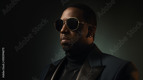 dark skinned male rapper in sunglasses on dark background