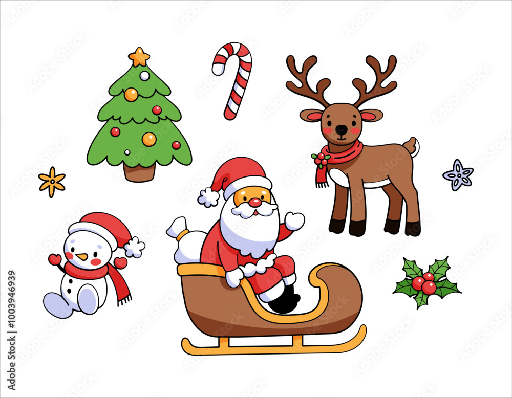 Fototapeta premium New Year 2025 set of Christmas elements. Santa Claus, deer, Christmas tree, snowman, candy cane, holly.
