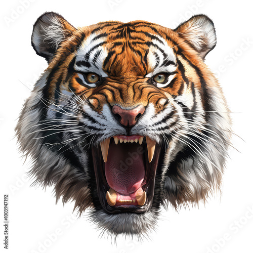 Roaring tiger head, fierce expression on a white isolated background. transparent background