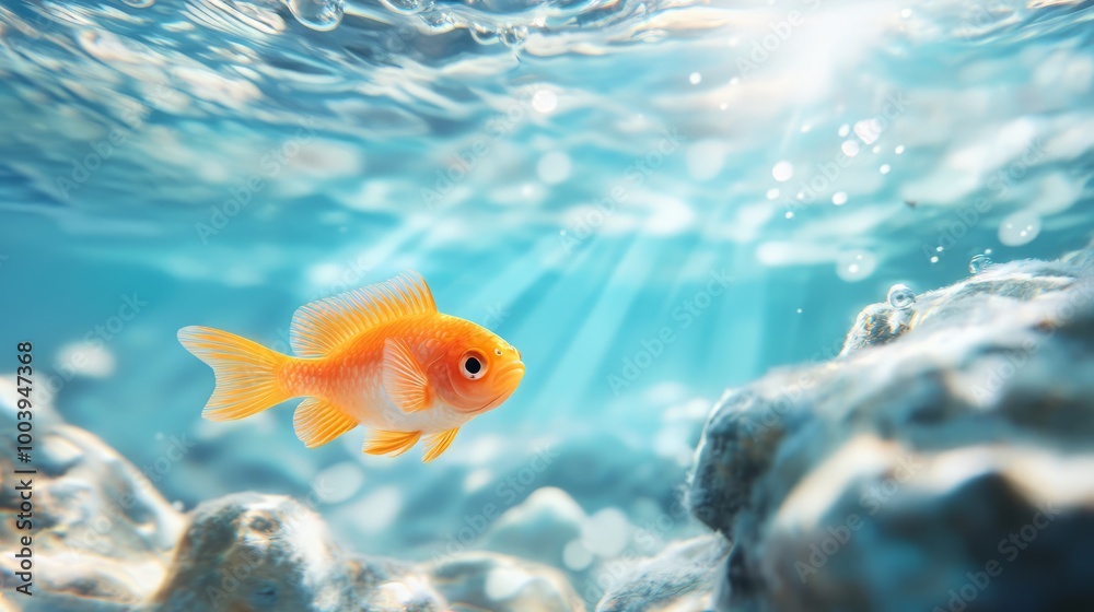 Captivating Goldfish Swimming in Bright Underwater Scene with Sunlight Reflections Captivating Goldfish Swimming in Bright Underwater Scene with Sunlight Reflections