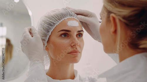 Una mujer rubia con bata médica y redecilla aplica crema facial en la frente del cliente durante un tratamiento facial en un salón de belleza.