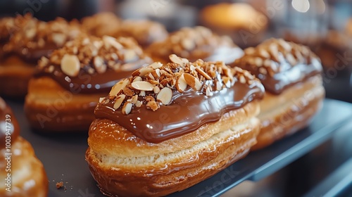 Close-up of eclairs with caramel glaze and crunchy almond toppings, rich lighting highlighting the texture, eclair, gourmet pastry styling