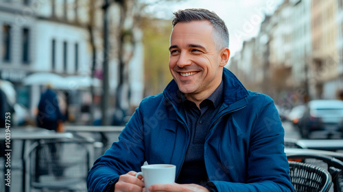 Un hombre feliz y sonriente de unos treinta años y pelo corto está sentado en la calle de Berlín y bebe café de una taza blanca. Lleva una chaqueta azul sobre una camisa oscura y corbata. 