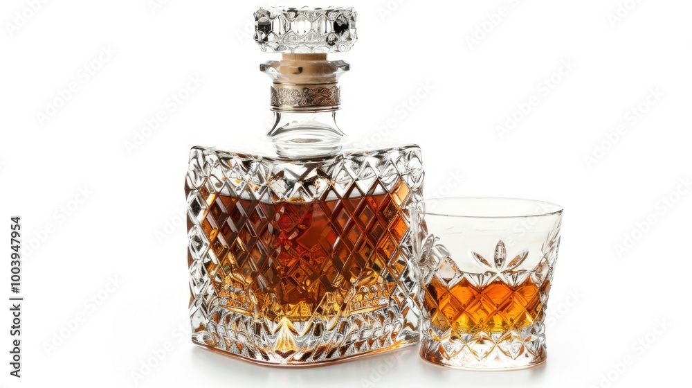 A glass of whiskey sits next to a tall, clear bottle A glass of whiskey sits next to a tall, clear bottle