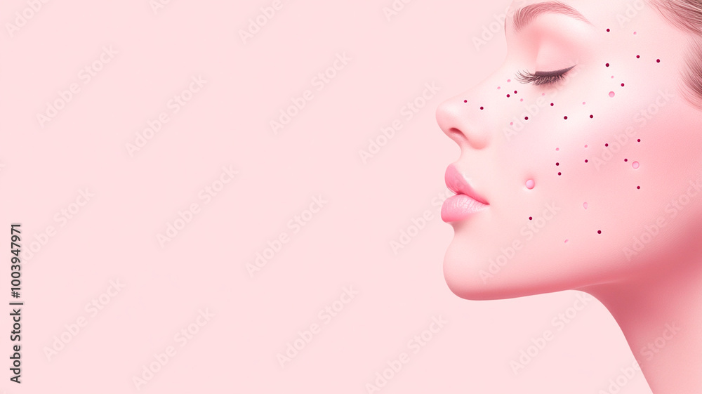 Ilustración de tratamiento médico estético con múltiples signos de puntuación en la cara, fondo plano rosa pastel, al estilo de un anuncio de una clínica de belleza con un diseño simple y minimalista, Ilustración de tratamiento médico estético con múltiples signos de puntuación en la cara, fondo plano rosa pastel, al estilo de un anuncio de una clínica de belleza con un diseño simple y minimalista,