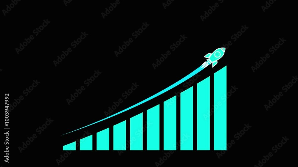  Abstract business growth  graph chart icon animation cyan color on black background