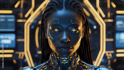lack female cyborg with fantastical design, glowing circuitry, and advanced tech, merging futuristic innovation and otherworldly fantasy themes. Glowing golden eyes.