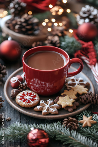 Red mug with chocolate on a New Year's background