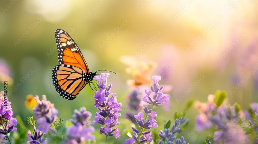 Naklejka premium Monarch Butterfly Perched on Lavender Flowers in Lush Garden
