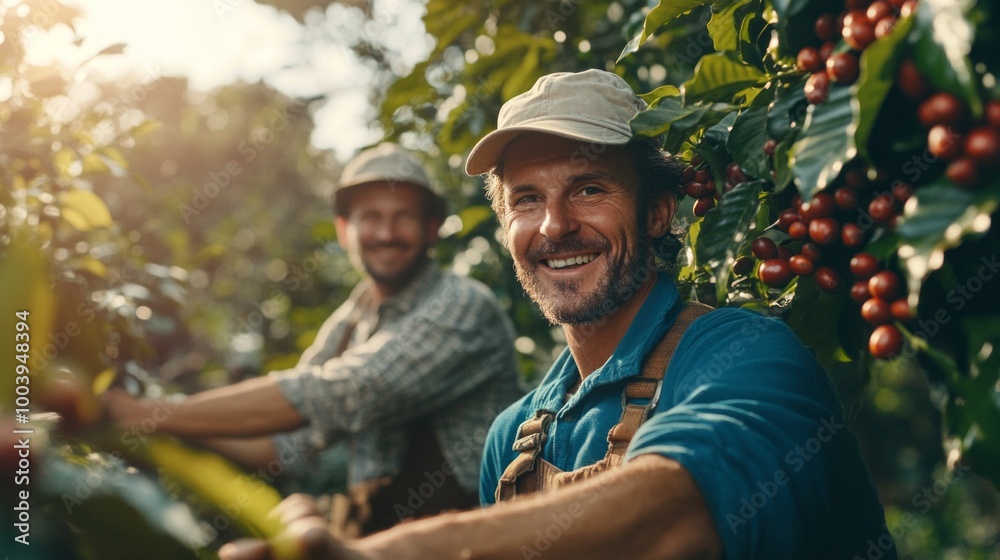 Two men are smiling and working in a field of fruit trees Two men are smiling and working in a field of fruit trees