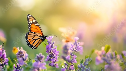 Monarch Butterfly Perched on Lavender Flowers in Lush Garden