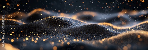 Abstract Black And Gold Glitter Texture Background. Shimmer Particles Wave Design With Bokeh Lights. photo