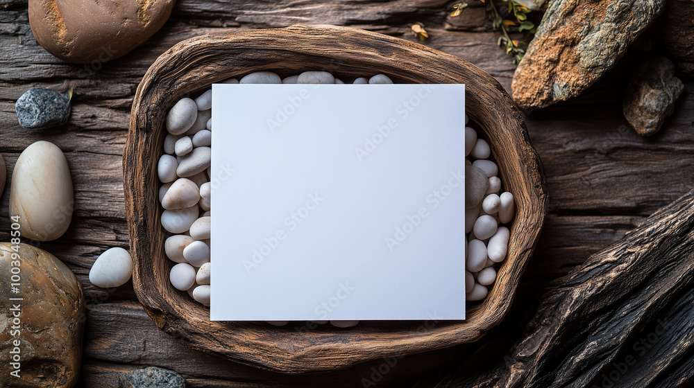 Square Business Card Mockup On Wooden Tray With Stones Organic Branding Display Square Business Card Mockup On Wooden Tray With Stones Organic Branding Display