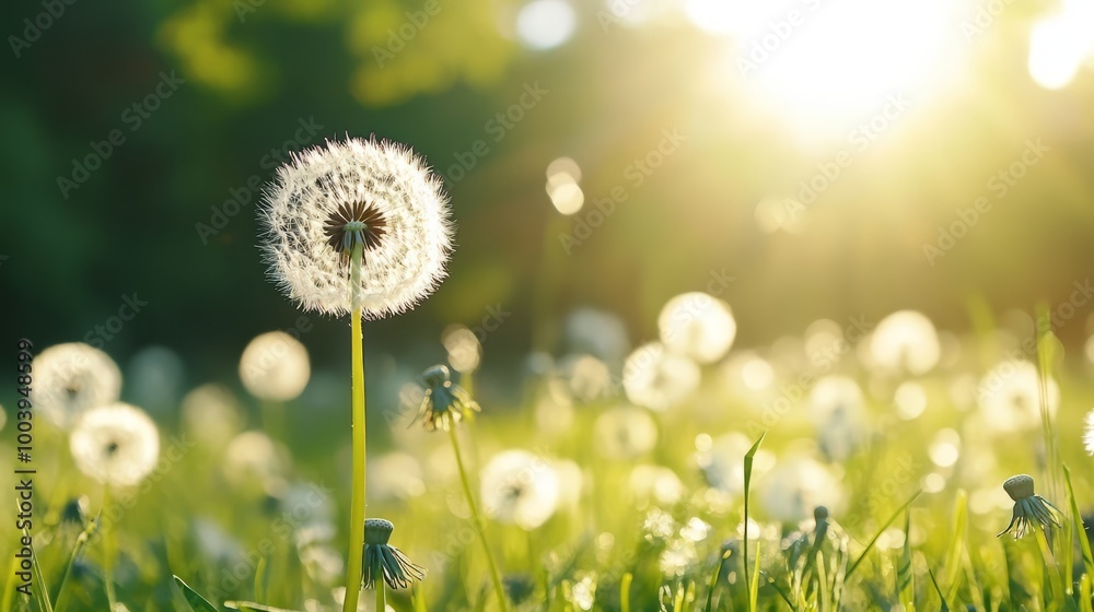 Glowing Dandelion Flowers Blooming in Lush Green Meadow under Warm Sunlight Glowing Dandelion Flowers Blooming in Lush Green Meadow under Warm Sunlight