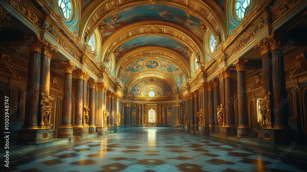 Opulent interior of a grand hall with ornate architecture. Opulent interior of a grand hall with ornate architecture.