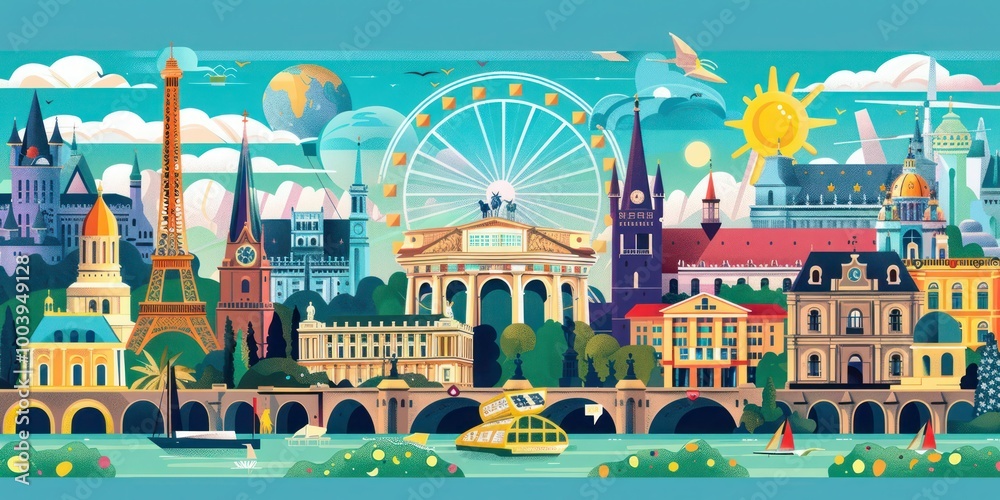 A colorful illustration of different European landmarks A colorful illustration of different European landmarks