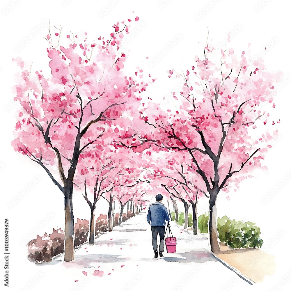 Watercolor Painting of a Man Walking Under a Pink Blossom Canopy. Watercolor Painting of a Man Walking Under a Pink Blossom Canopy.