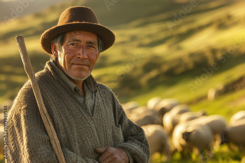 Shepherd with a walking stick standing in a field with his flock of sheep in the background